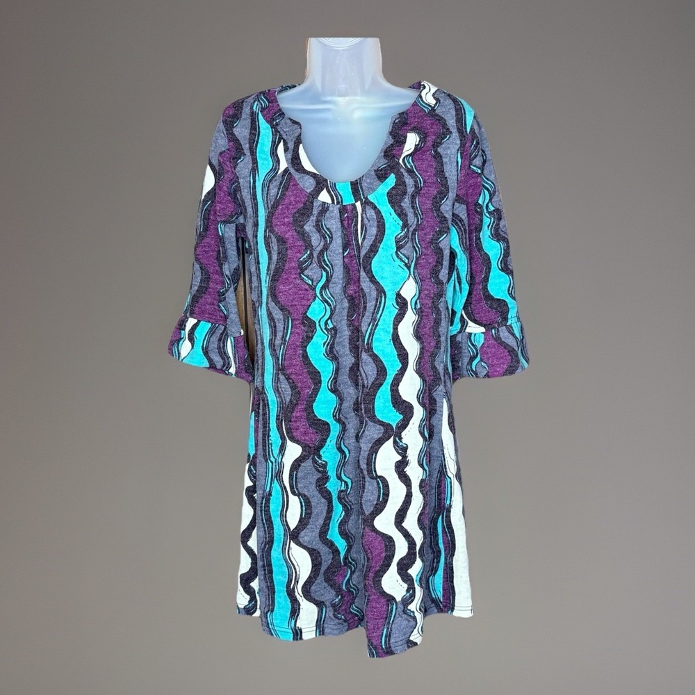 Aryeh Tunic Dress Women‎ M Purple Blue Wave Print Boho Retro Festival